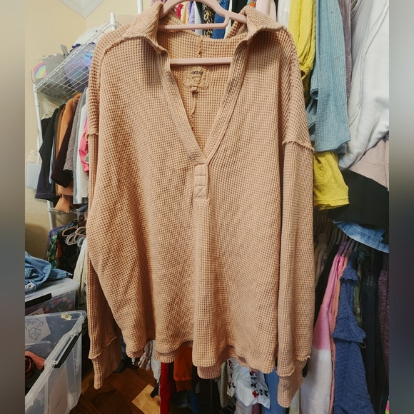 Aerie Size XXL Oversized Waffle Knit Collared V Neck Pullover Oversized EUC - Picture 1 of 3